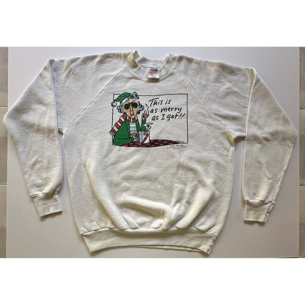VTG Oneita Power-Sweats Shoebox Greetings Merry As I Get Sweatshirt White XL